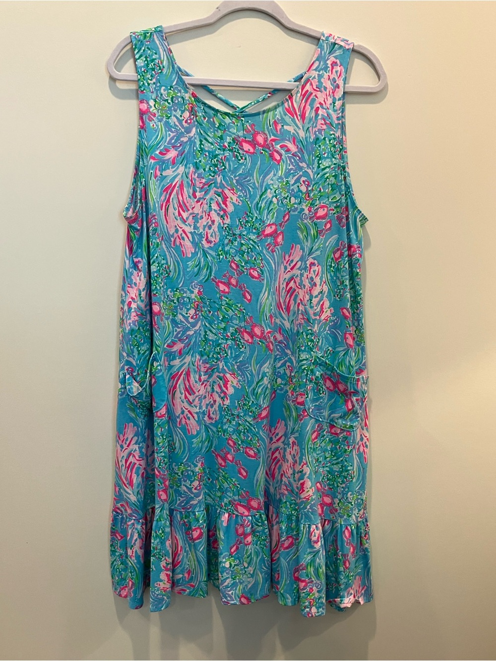 Lilly Pulitzer Teal Floral Sleeveless Ruffle Hem Midi Dress